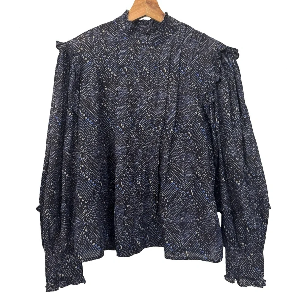 Ulla Johnson Sigrid Blouse In Indigo Diamond Size 0 Boho Puff Sleeve NWOT